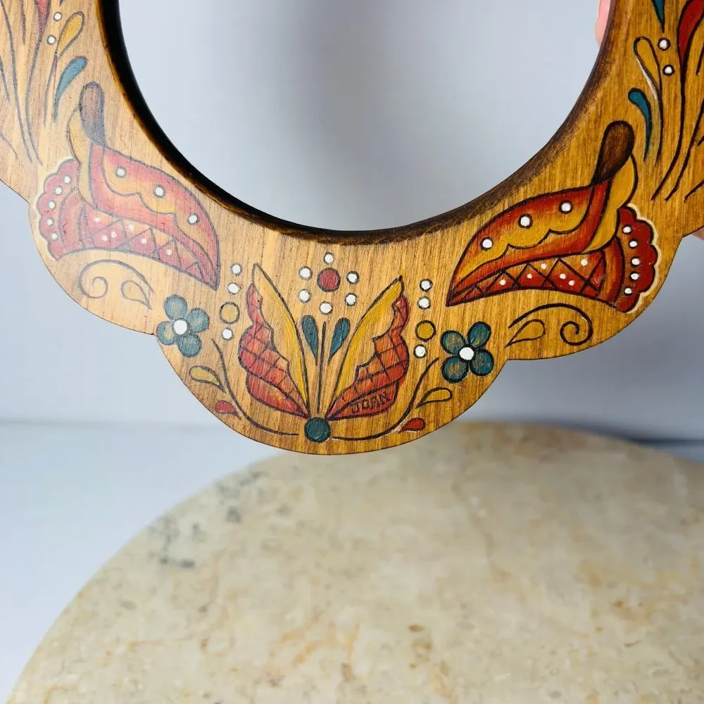 Vintage Handpainted Artisan Ornate Wooden Hanging‎ Wall Frame Mirror Floral